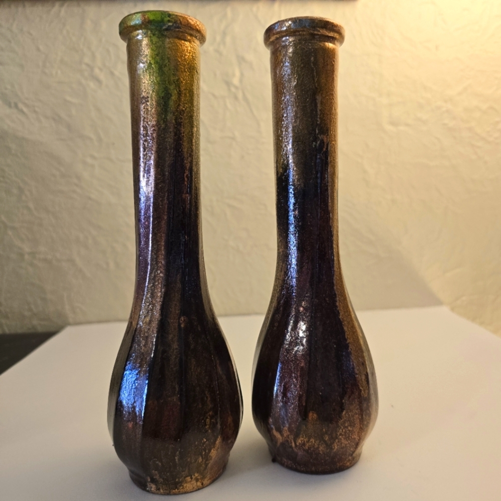 2 HANDCRAFTED Upcycled Glass Vases Brown & Copper HANDPAINTED Tabletop Art Decor - Picture 3 of 17